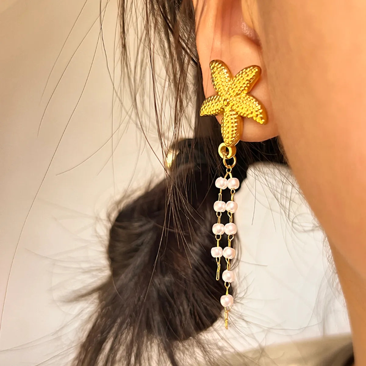 1 Pair Elegant Retro Starfish Shell Plating Inlay 201 Stainless Steel Pearl 18K Gold Plated Drop Earrings