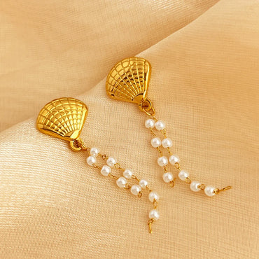 1 Pair Elegant Retro Starfish Shell Plating Inlay 201 Stainless Steel Pearl 18K Gold Plated Drop Earrings