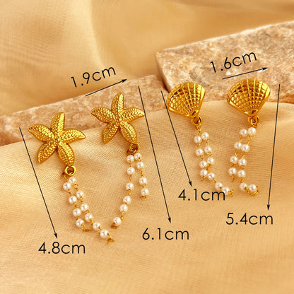 1 Pair Elegant Retro Starfish Shell Plating Inlay 201 Stainless Steel Pearl 18K Gold Plated Drop Earrings