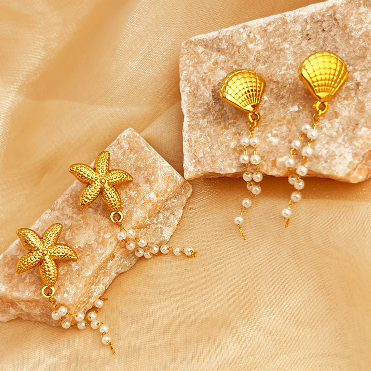 1 Pair Elegant Retro Starfish Shell Plating Inlay 201 Stainless Steel Pearl 18K Gold Plated Drop Earrings