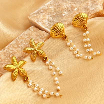 1 Pair Elegant Retro Starfish Shell Plating Inlay 201 Stainless Steel Pearl 18K Gold Plated Drop Earrings