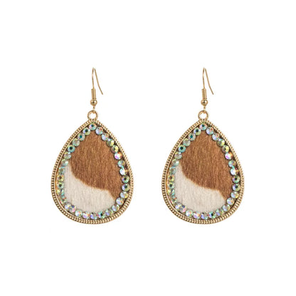 1 Pair Elegant Retro Water Droplets Plating Inlay Pu Leather Alloy Rhinestones Gold Plated Drop Earrings