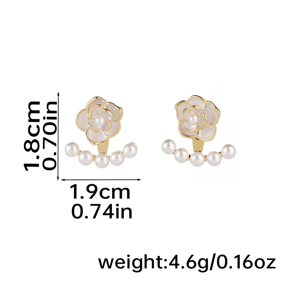 1 Pair Elegant Romantic Flower Inlay Copper Artificial Pearls 18K Gold Plated Drop Earrings Ear Studs