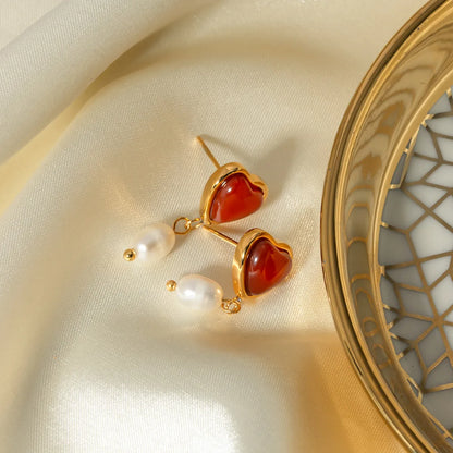 1 Pair Elegant Romantic Heart Shape Plating Inlay Stainless Steel Freshwater Pearl Agate Drop Earrings