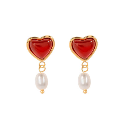 1 Pair Elegant Romantic Heart Shape Plating Inlay Stainless Steel Freshwater Pearl Agate Drop Earrings