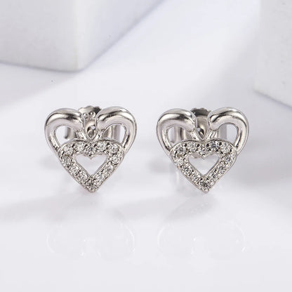 1 Pair Elegant Romantic Shiny Triangle Heart Shape Crown Inlay Carving Sterling Silver Zircon White Gold Plated Ear Studs