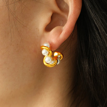 1 Pair Elegant Romantic Sweet C Shape Irregular Plating Inlay Titanium Steel Artificial Pearls 18k Gold Plated Ear Studs