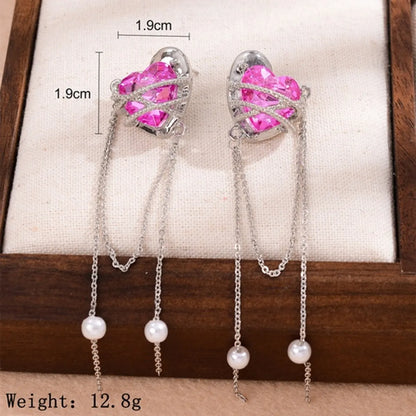 1 Pair Elegant Romantic Sweet Heart Shape Pearl Chain Inlay Alloy Rhinestones Drop Earrings