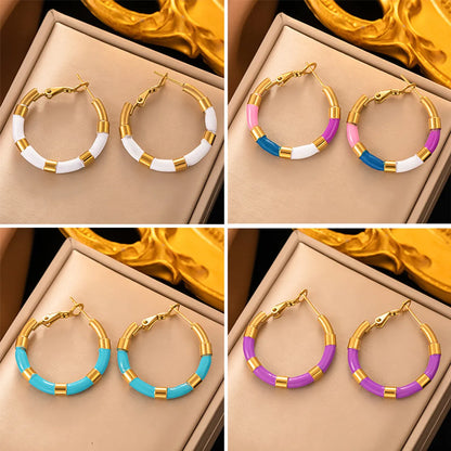 1 Pair Elegant Round Enamel Plating Titanium Steel 18k Gold Plated Hoop Earrings