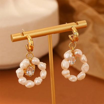 1 Pair Elegant Round Inlay Freshwater Pearl Copper Zircon Drop Earrings