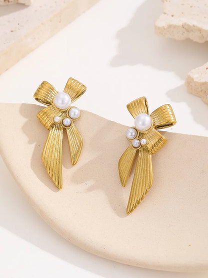 1 Pair Elegant Sexy Classic Style Heart Shape Bow Knot Inlay Titanium Steel Artificial Pearls 18K Gold Plated Drop Earrings