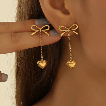 1 Pair Elegant Sexy Classic Style Heart Shape Bow Knot Inlay Titanium Steel Artificial Pearls 18K Gold Plated Drop Earrings