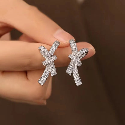 1 Pair Elegant Shiny Bow Knot Inlay Copper Zircon Ear Studs