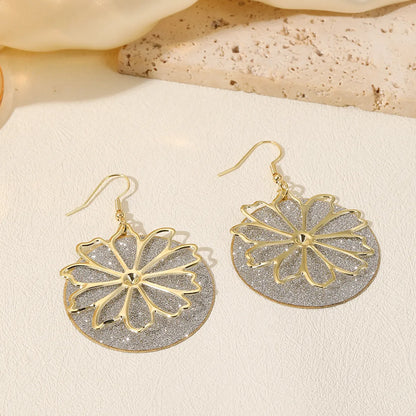 1 Pair Elegant Shiny Flower Sequin Iron 14K Gold Plated Drop Earrings