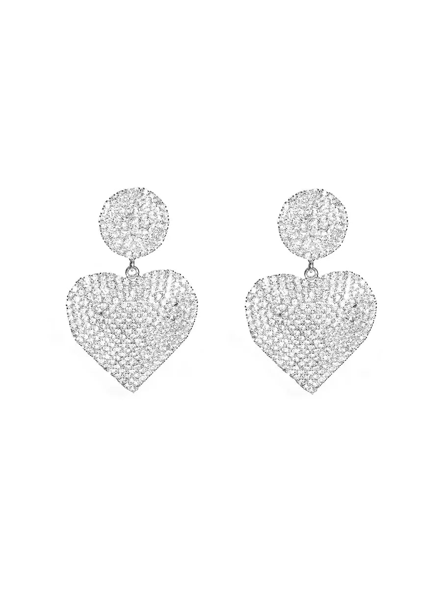 1 Pair Elegant Shiny Geometric Heart Shape Inlay Alloy Rhinestones Silver Plated Drop Earrings