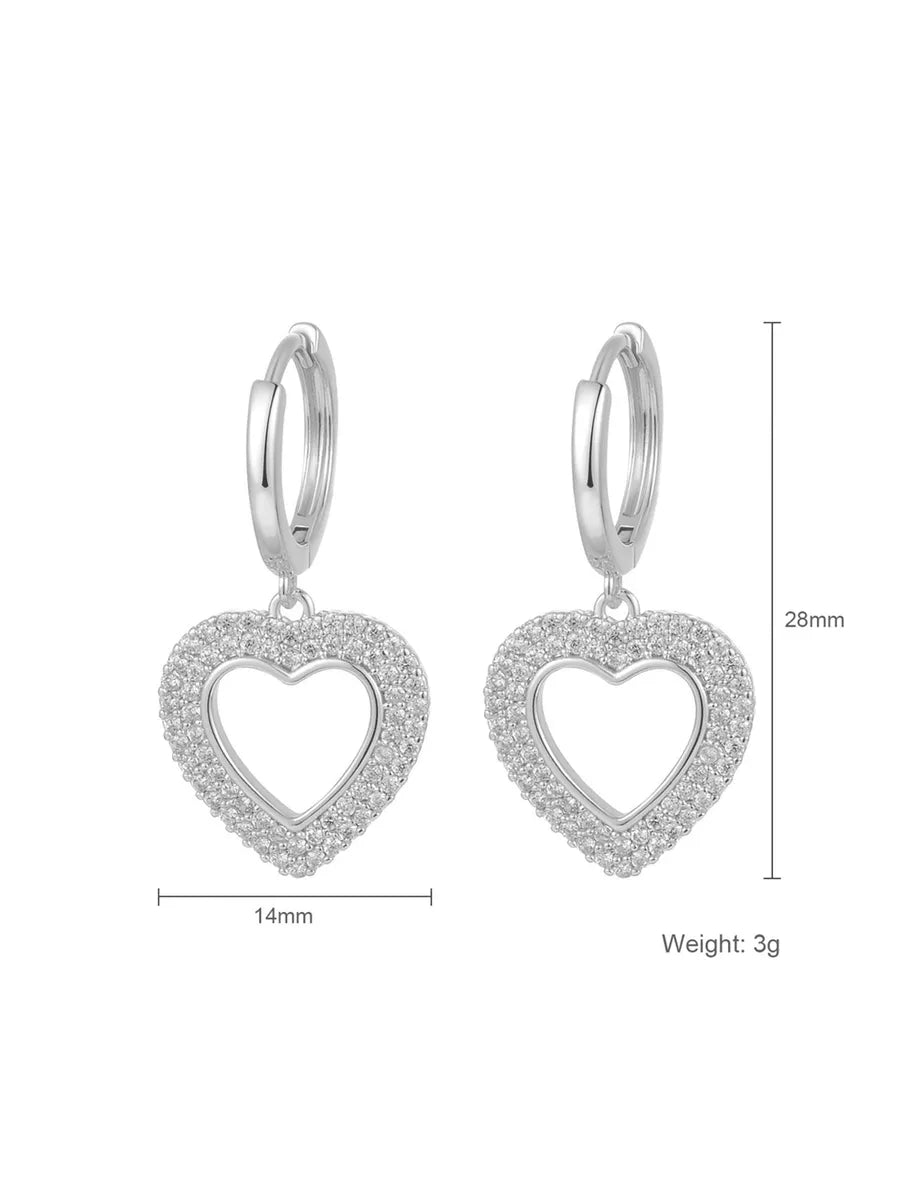 1 Pair Elegant Shiny Heart Shape Plating Hollow Out Inlay Copper Zircon Silver Plated Drop Earrings