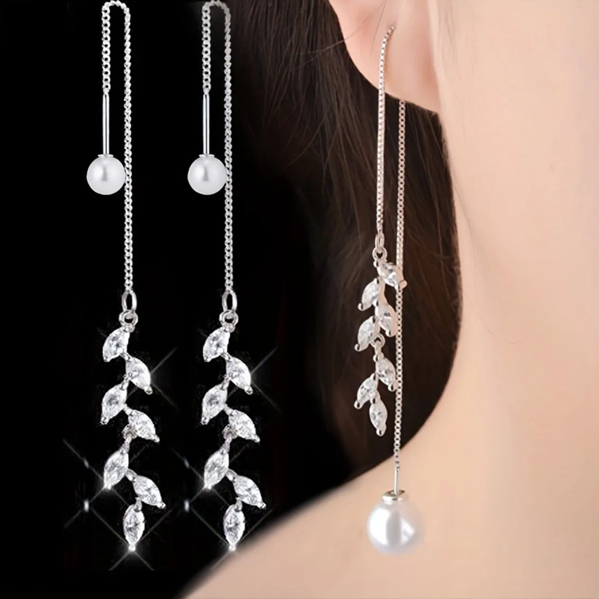 1 Pair Elegant Shiny Leaf Inlay Alloy Rhinestones Pearl Ear Line