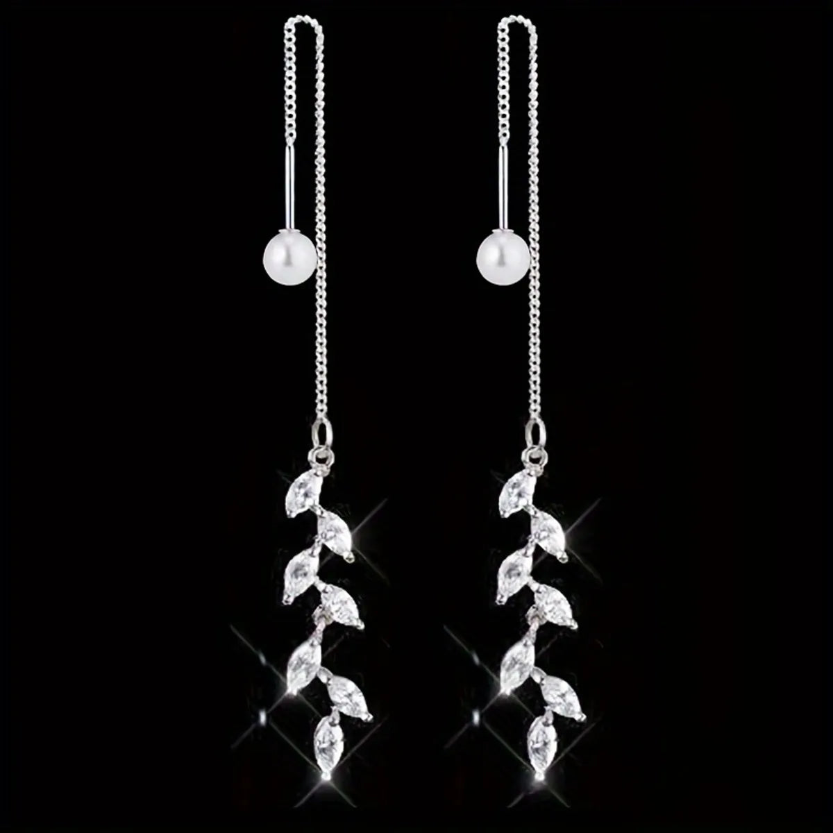 1 Pair Elegant Shiny Leaf Inlay Alloy Rhinestones Pearl Ear Line