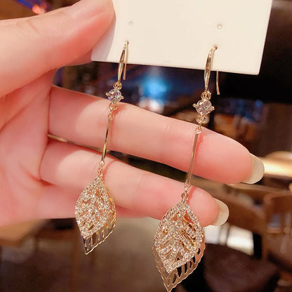 1 Pair Elegant Shiny Leaf Plating Inlay Alloy Copper Rhinestones Opal Gold Plated Drop Earrings