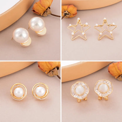 1 Pair Elegant Shiny Pentagram Pearl Artificial Pearl Copper Zircon 18K Gold Plated Ear Studs