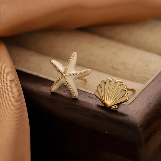 1 Pair Elegant Shiny Starfish Shell Plating Hollow Out Copper 14K Gold Plated Ear Studs