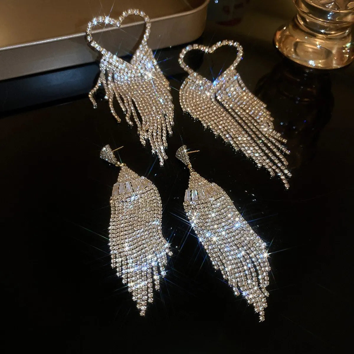 1 Pair Elegant Shiny Tassel Heart Shape Inlay Alloy Rhinestones Drop Earrings