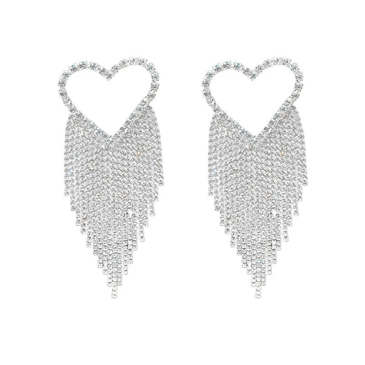 1 Pair Elegant Shiny Tassel Heart Shape Inlay Alloy Rhinestones Drop Earrings