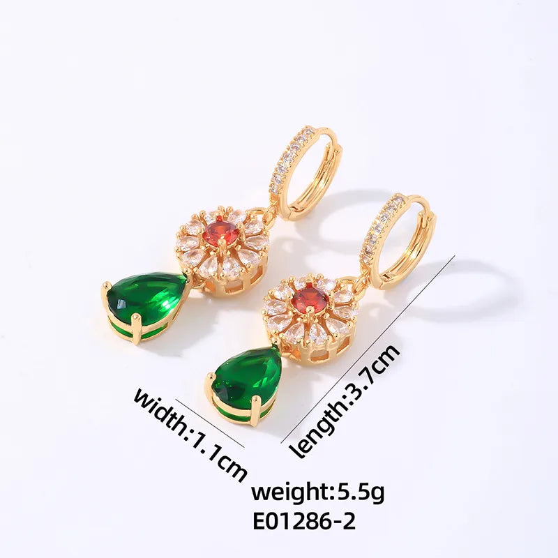 1 Pair Elegant Shiny Water Droplets Flower Plating Inlay Copper Zircon Drop Earrings