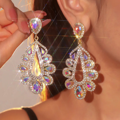 1 Pair Elegant Shiny Water Droplets Inlay Alloy Rhinestones Zircon Drop Earrings