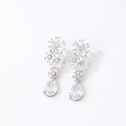 1 Pair Elegant Shiny Water Droplets Plating Inlay Copper Zircon Rhodium Plated Drop Earrings