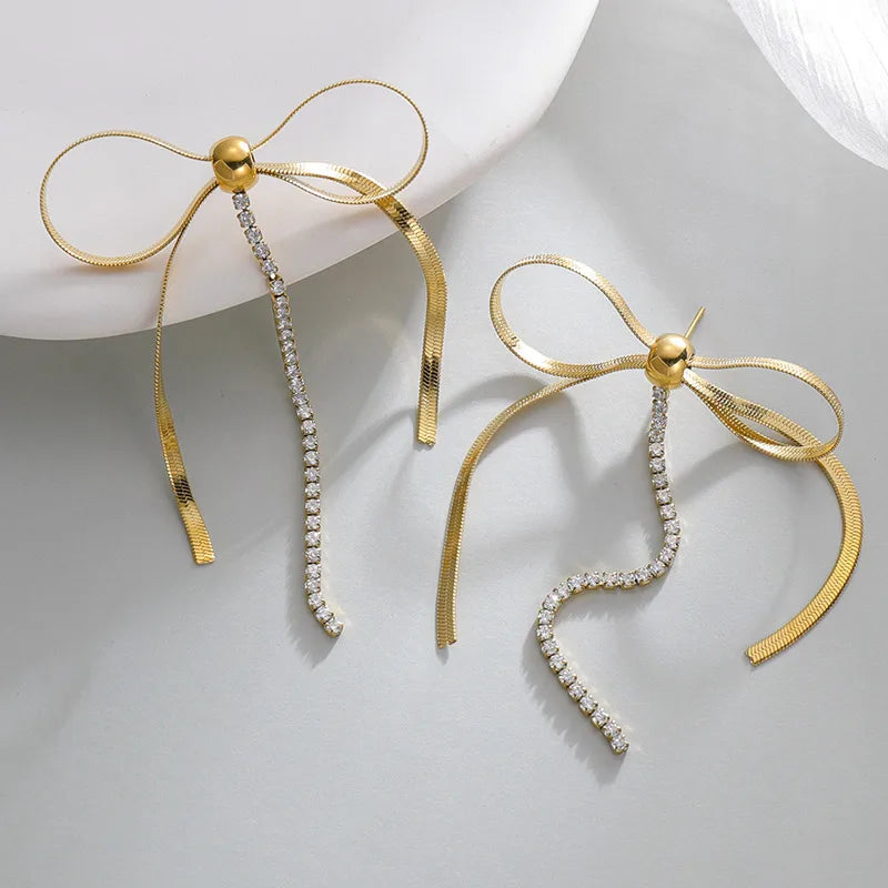 1 Pair Elegant Simple Style Bow Knot Plating Inlay 304 Stainless Steel Zircon 14K Gold Plated Drop Earrings