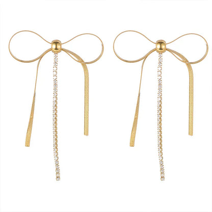 1 Pair Elegant Simple Style Bow Knot Plating Inlay 304 Stainless Steel Zircon 14K Gold Plated Drop Earrings