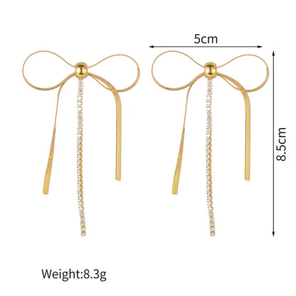 1 Pair Elegant Simple Style Bow Knot Plating Inlay 304 Stainless Steel Zircon 14K Gold Plated Drop Earrings