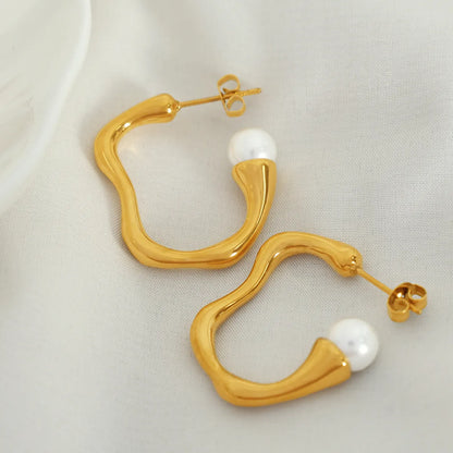 1 Pair Elegant Simple Style C Shape Irregular Plating Titanium Steel Artificial Pearls 18k Gold Plated Ear Studs