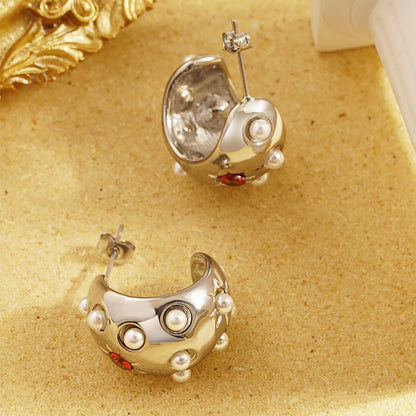 1 Pair Elegant Simple Style C Shape Plating Inlay Stainless Steel Artificial Pearls Rhinestones 18k Gold Plated Ear Studs