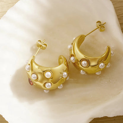 1 Pair Elegant Simple Style C Shape Plating Inlay Stainless Steel Artificial Pearls Rhinestones 18k Gold Plated Ear Studs