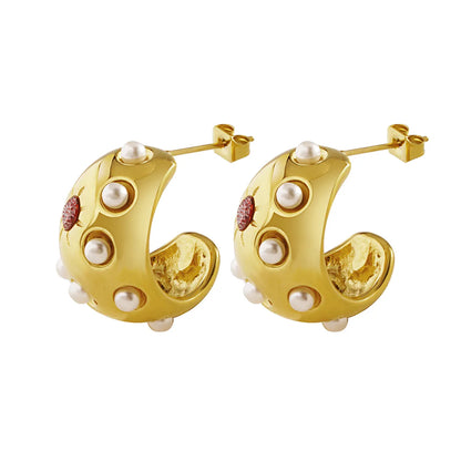 1 Pair Elegant Simple Style C Shape Plating Inlay Stainless Steel Artificial Pearls Rhinestones 18k Gold Plated Ear Studs