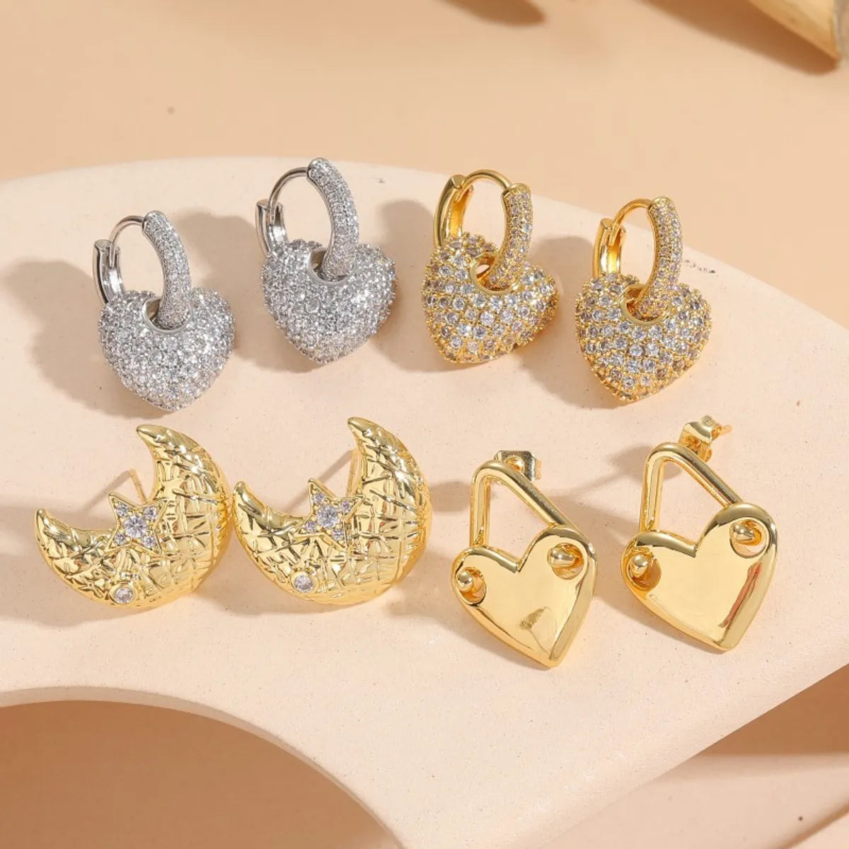 1 Pair Elegant Simple Style Classic Style Geometric Moon Heart Shape Plating Inlay Copper Zircon 14k Gold Plated Earrings