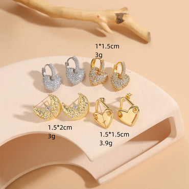 1 Pair Elegant Simple Style Classic Style Geometric Moon Heart Shape Plating Inlay Copper Zircon 14k Gold Plated Earrings