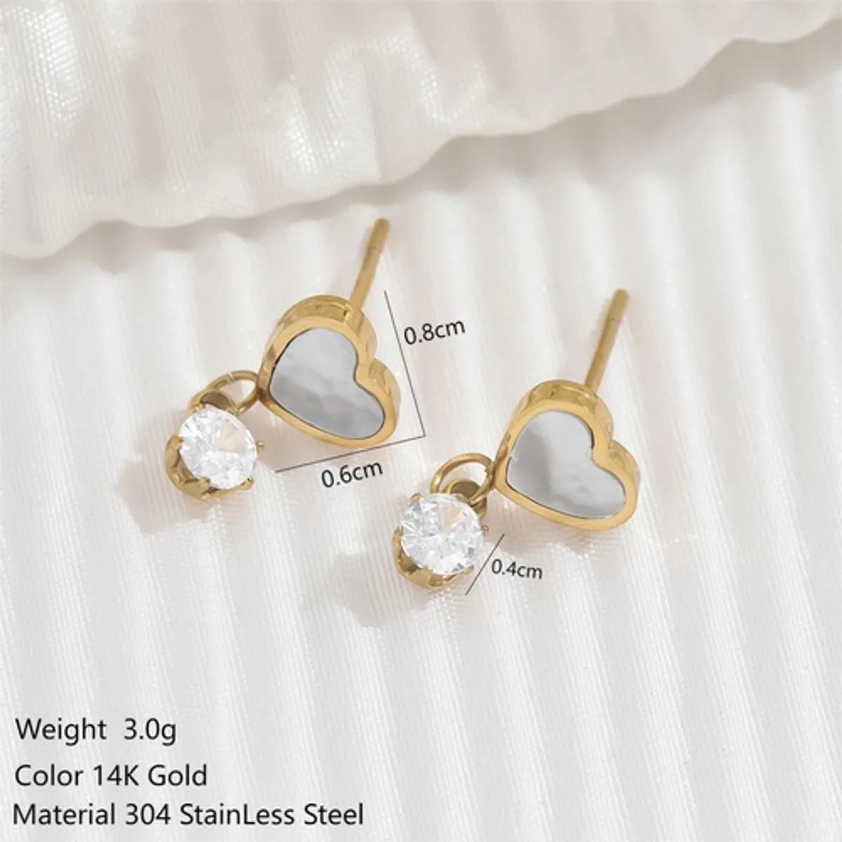 1 Pair Elegant Simple Style Classic Style Heart Shape Plating Inlay Stainless Steel Shell Zircon 14k Gold Plated Drop Earrings