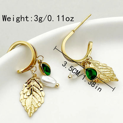 1 Pair Elegant Simple Style Classic Style Leaves Plating Hollow Out Inlay 304 Stainless Steel Natural Stone Pearl 14K Gold Plated Drop Earrings