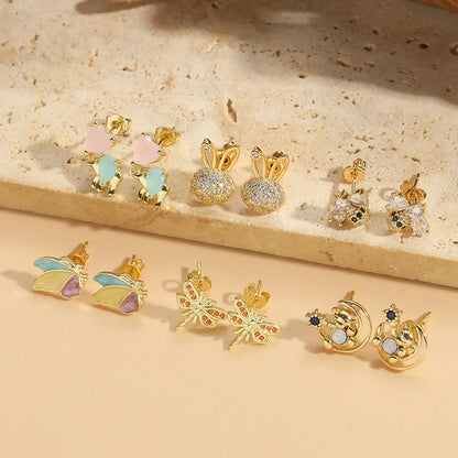 1 Pair Elegant Simple Style Commute Animal Dragonfly Enamel Inlay Copper Zircon 14K Gold Plated Ear Studs