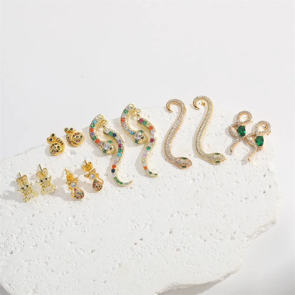 1 Pair Elegant Simple Style Commute Animal Snake Inlay Copper Zircon 14K Gold Plated Ear Studs