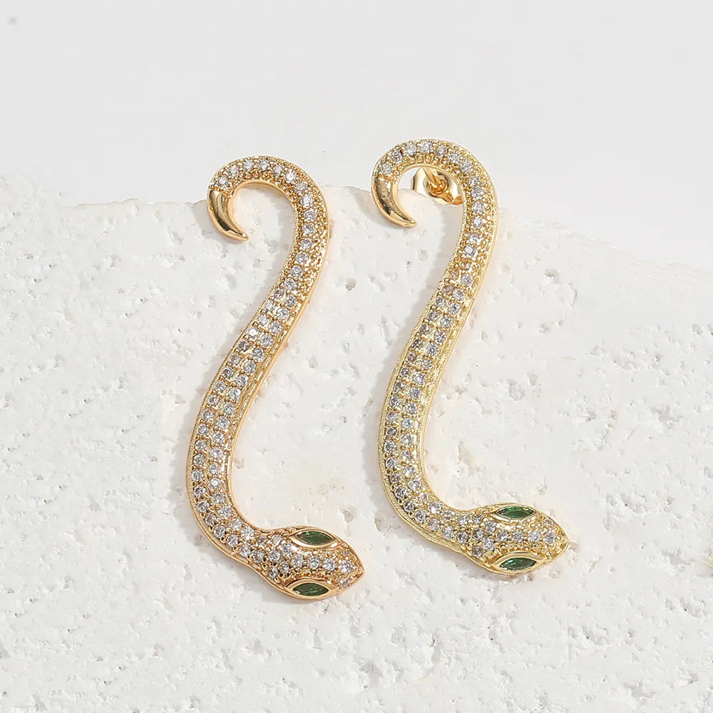 1 Pair Elegant Simple Style Commute Animal Snake Inlay Copper Zircon 14K Gold Plated Ear Studs