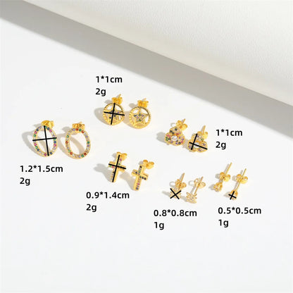 1 Pair Elegant Simple Style Commute Cross Star Flower Inlay Copper Zircon 14K Gold Plated Ear Studs