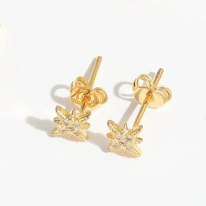 1 Pair Elegant Simple Style Commute Cross Star Flower Inlay Copper Zircon 14K Gold Plated Ear Studs