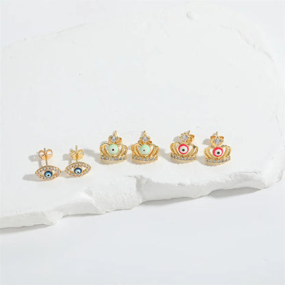 1 Pair Elegant Simple Style Commute Devil'S Eye Crown Enamel Inlay Copper Zircon 14K Gold Plated Ear Studs