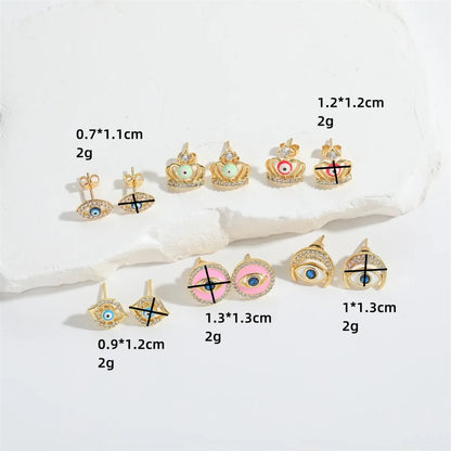 1 Pair Elegant Simple Style Commute Devil'S Eye Crown Enamel Inlay Copper Zircon 14K Gold Plated Ear Studs