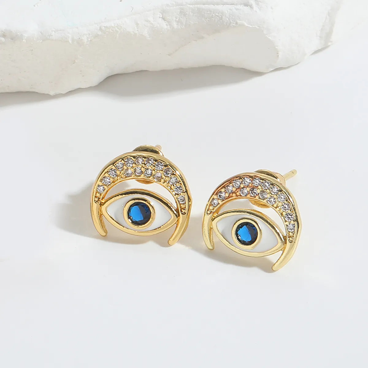 1 Pair Elegant Simple Style Commute Devil'S Eye Crown Enamel Inlay Copper Zircon 14K Gold Plated Ear Studs