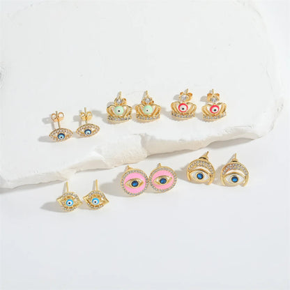 1 Pair Elegant Simple Style Commute Devil'S Eye Crown Enamel Inlay Copper Zircon 14K Gold Plated Ear Studs